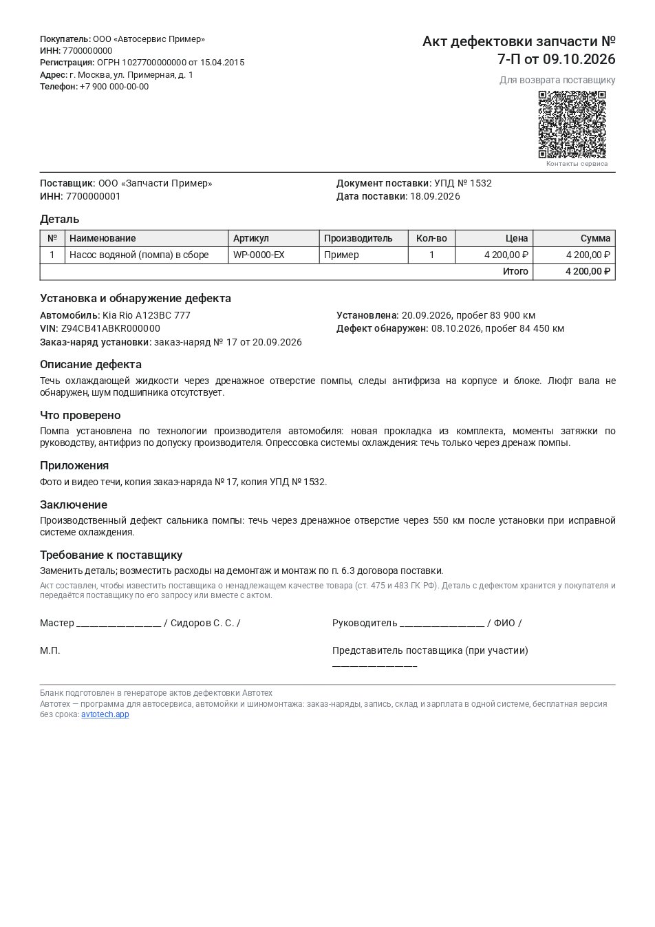 Образец акта дефектовки запчасти для возврата поставщику