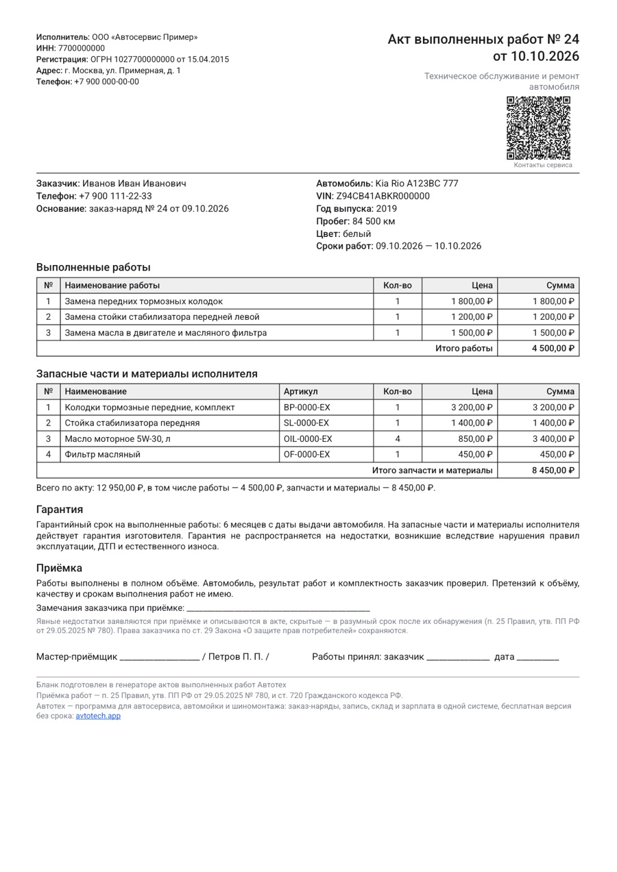 Образец заполнения акта выполненных работ автосервиса